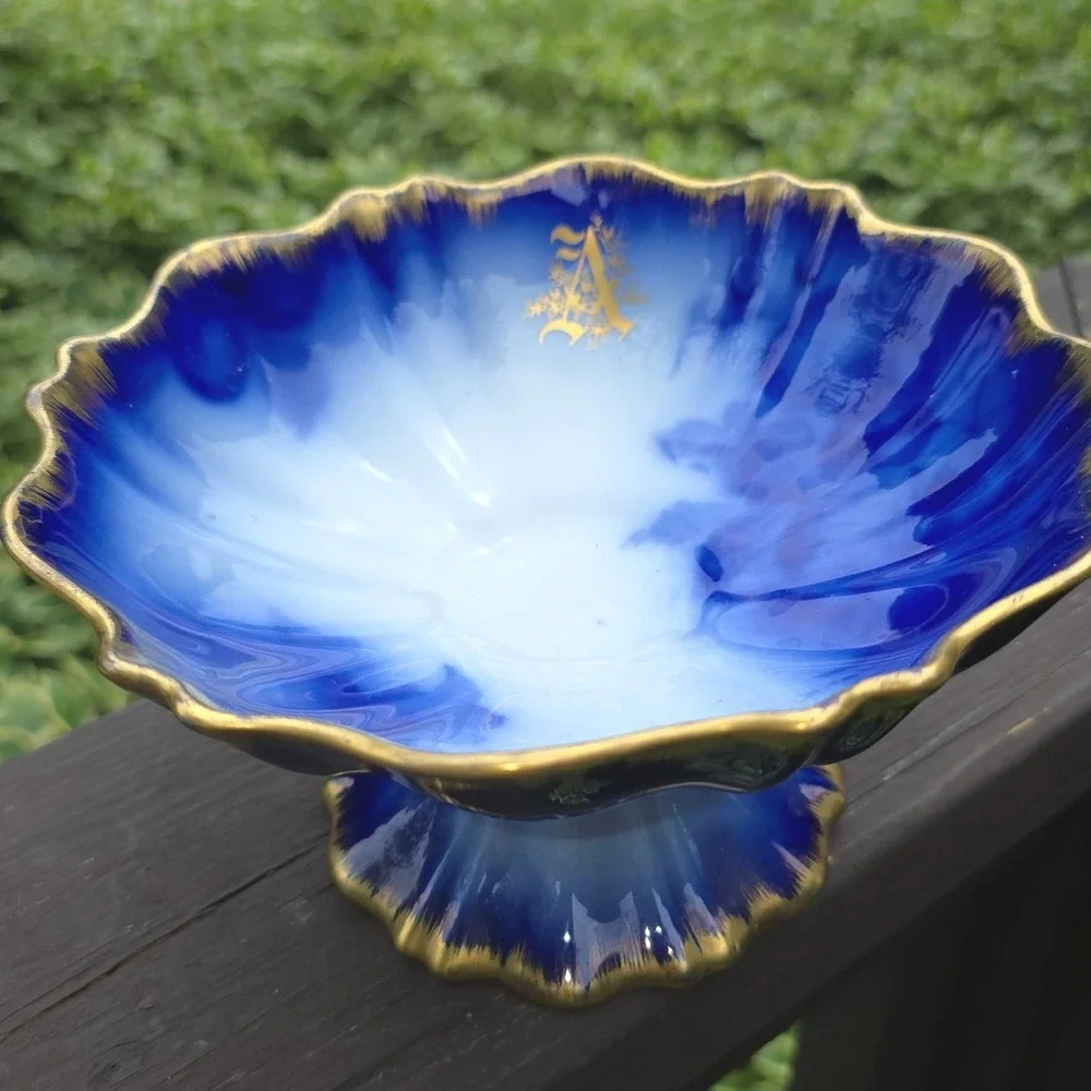 Antique Flow Blue Porcelain Pedestal Compote Bowl Gold Monogram A Scalloped